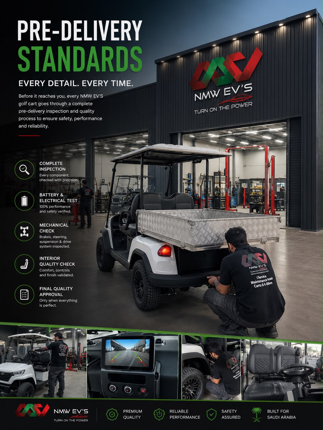 NMW EV'S technicians completing pre-delivery checks on an electric utility vehicle in the Riyadh workshop